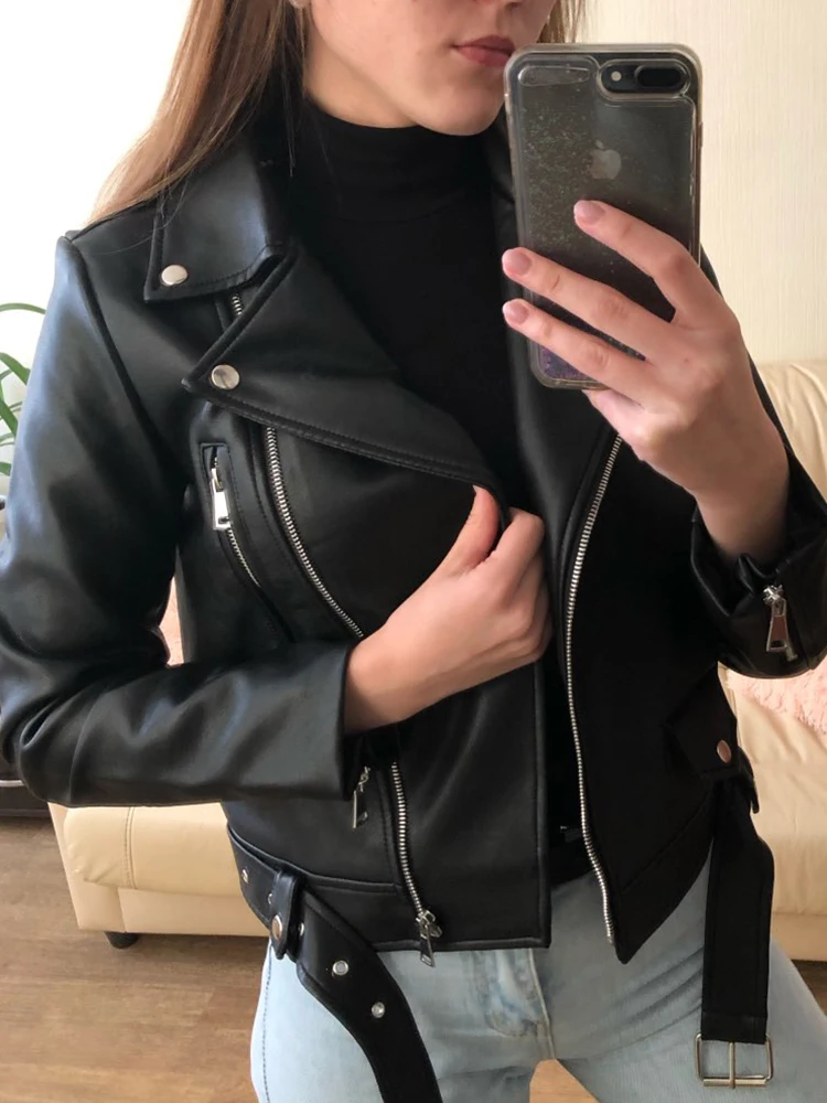 Women Spring Autumn Black Faux Leather Jackets Zipper Basic Coat Turn-down Collar Motor Biker Jacket with Belt Leather Jacket