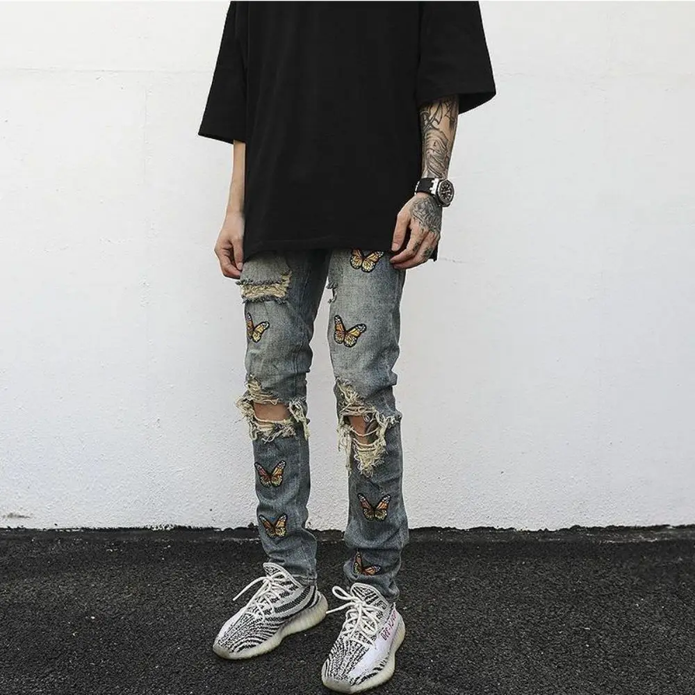 Jeans Men Embroidery Ripped Holes Straight High Street Straight Retro Punk Pants Fashio Hip Hop Streetwear Harajuku Butterfly