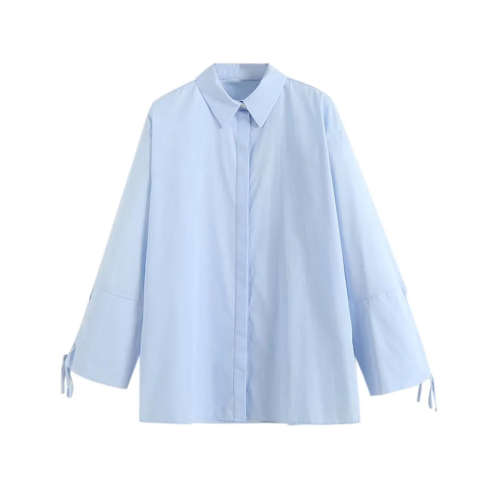 

BER&OYS&ZA2023 early spring new women's fashion lapel chic slit design cuff bow adjustment everything poplin shirt