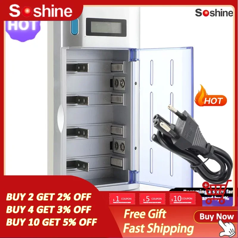 

Soshine C906w 4 Slot No. 1 No. 2 No. C Type D Type Large No. 5 No. 7 1.2v Ni-MH 9V Ni-MH Battery Charger