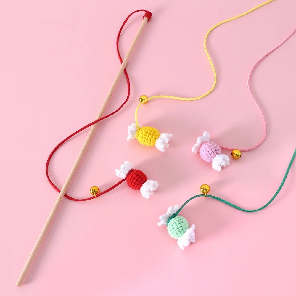 

Interactive Cat Funny Stick Dog Toy Wool Knitting Color Candy Wooden Stick Sound Interactive Training Bell Toy Supplies For Pet