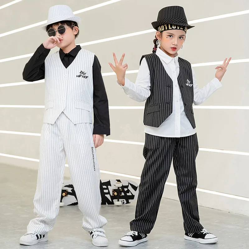 

Детская одежда в стиле K-POP, блейзер в полоску без рукавов, куртка, уличная одежда, брюки для мальчиков и девочек, костюм для джазовых танцев, одежда