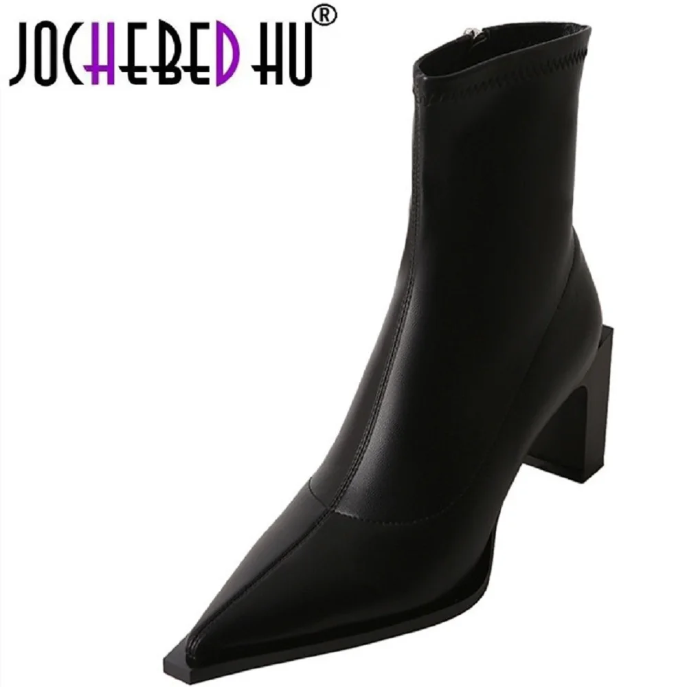 

【JOCHEBED HU】Ankle Boots Pointed Toe Thin Heels Pumps Hot Sell Chelsea Boots Luxury Brands Designer Slip-on Boots 34-40