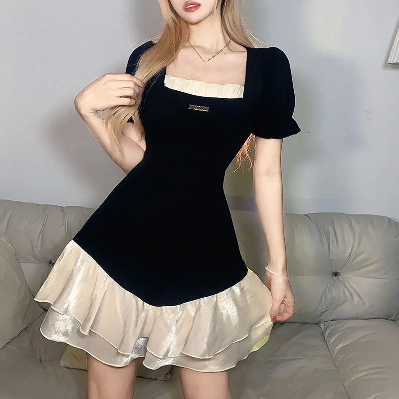 

Summer Women Dress Black Sexy Square Neck Slim Short Sleeve Short Dresses Vintage Bubble Sleeve Mini Bodycon Y2k Dress