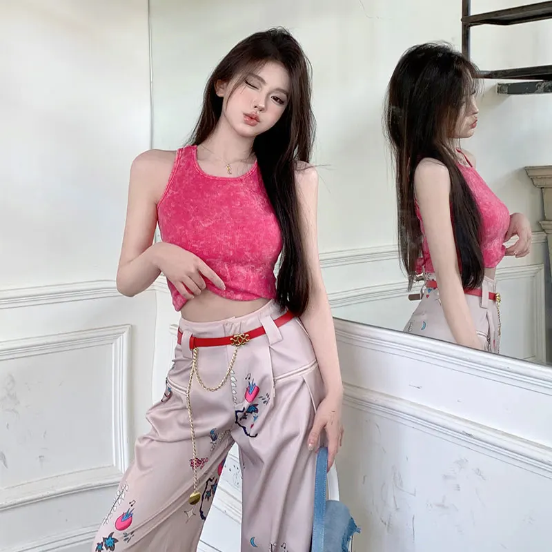 Розово-красный вязаный топ на бретельках с принтом тай-дай женский летний