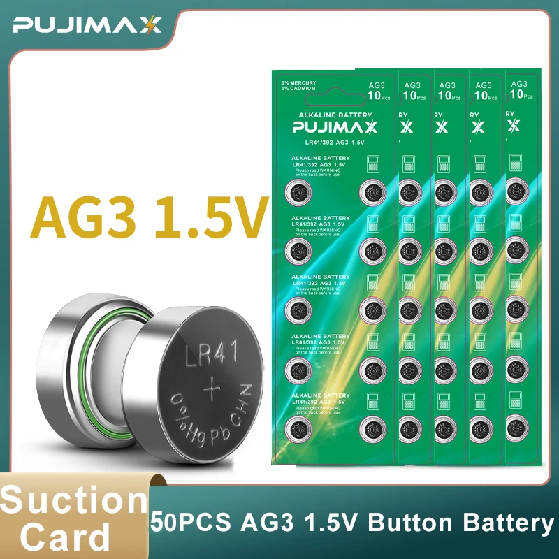 

PUJIMAX 50Pcs 1.5V AG3 Cell Button Batteries LR41 SR41 392 Lithium Button Coin Battery Cell for Toy Watch Calculator Accessories