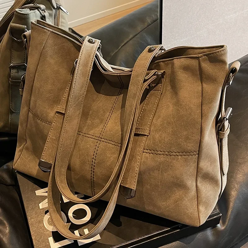 

Lovers' Nubuck Leather Handbags Serviceable Women's Large Tote Shoulder Bag Stylish Quilted Female Khaki Commuter Crossbody Bags