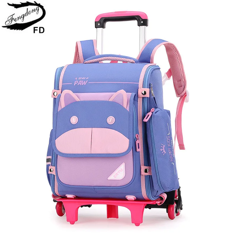 Женский комплект из рюкзака и пенала Fengdong, синий или розовый комплект из школьного рюкзака и пенала, со съемной тележкой и сумки для книг, ос...