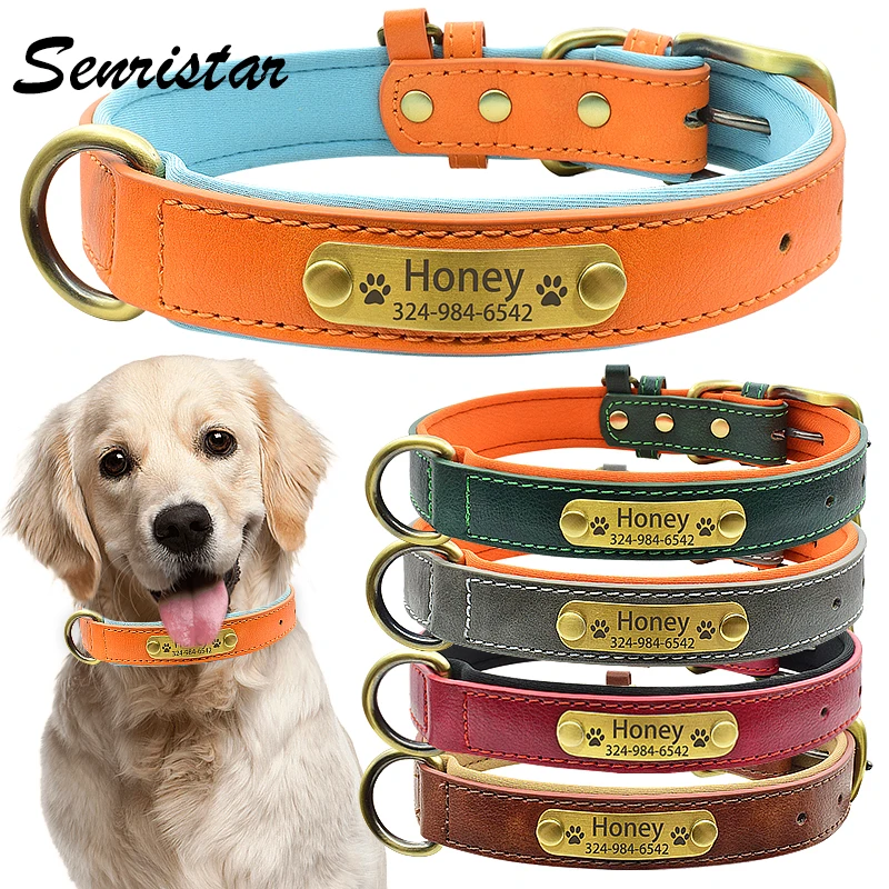 

Personalized Padded Leather Dog Name Collar For SmalL Medium Large Dog Custom Engraved Soft Comfortable Nameplate Pet Dog Collar