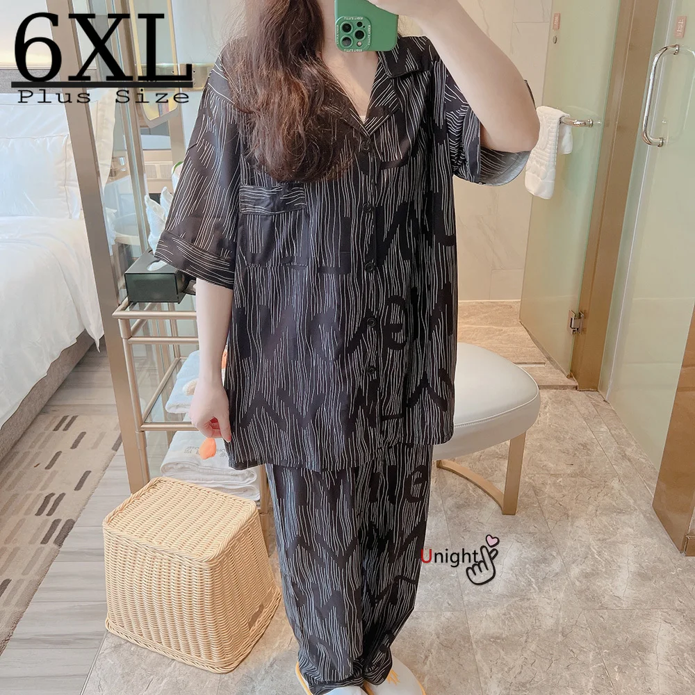 

Short Sheeve Pajamas Summer Sleepwear Oversized Satin Unisex Silk Fat Home Clothes 5XL 6XL Home Suit Pyjamas Pj Lingerie Set