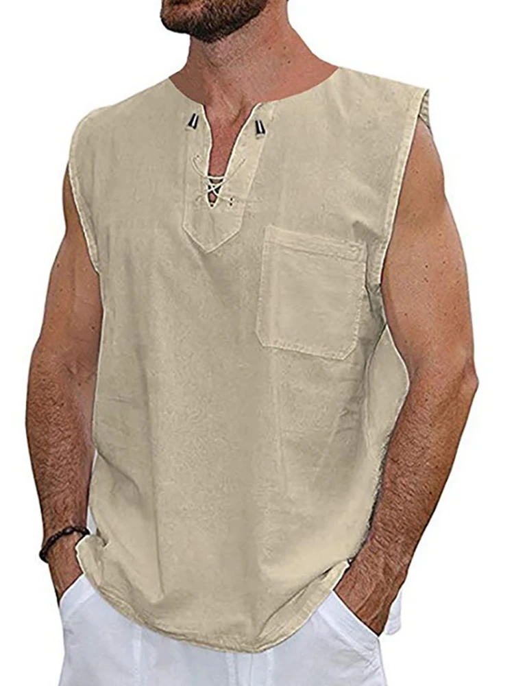 

Мужские дышащие однотонные топы без рукавов с круглым вырезом для бега 2022 новые хлопковые льняные майки для весны и лета