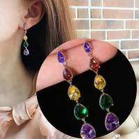 colorful water drops luxurious ear needle stud earrings for women cz earring long tassel jewelry gift pendientes 2022