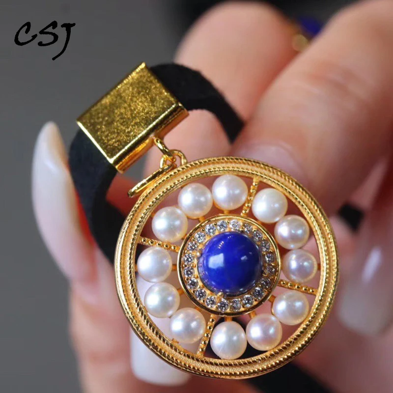 

CSJ Natural Lapis Pendants Sterling 925 Silver Fresh Water Pearl Necklace for Women Party Birthday Handmade Jewelry Gift