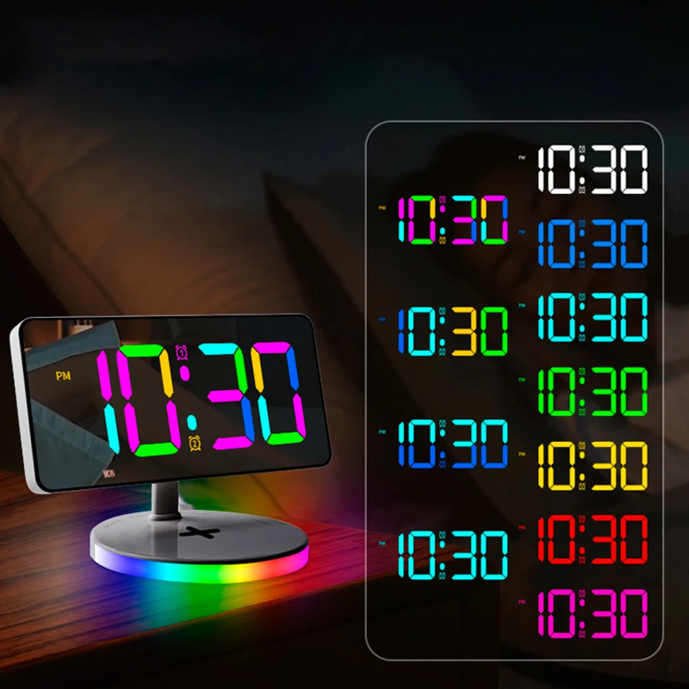 Светодиодный цифровой будильник с красочным RGB-ночником зеркальный беспроводной