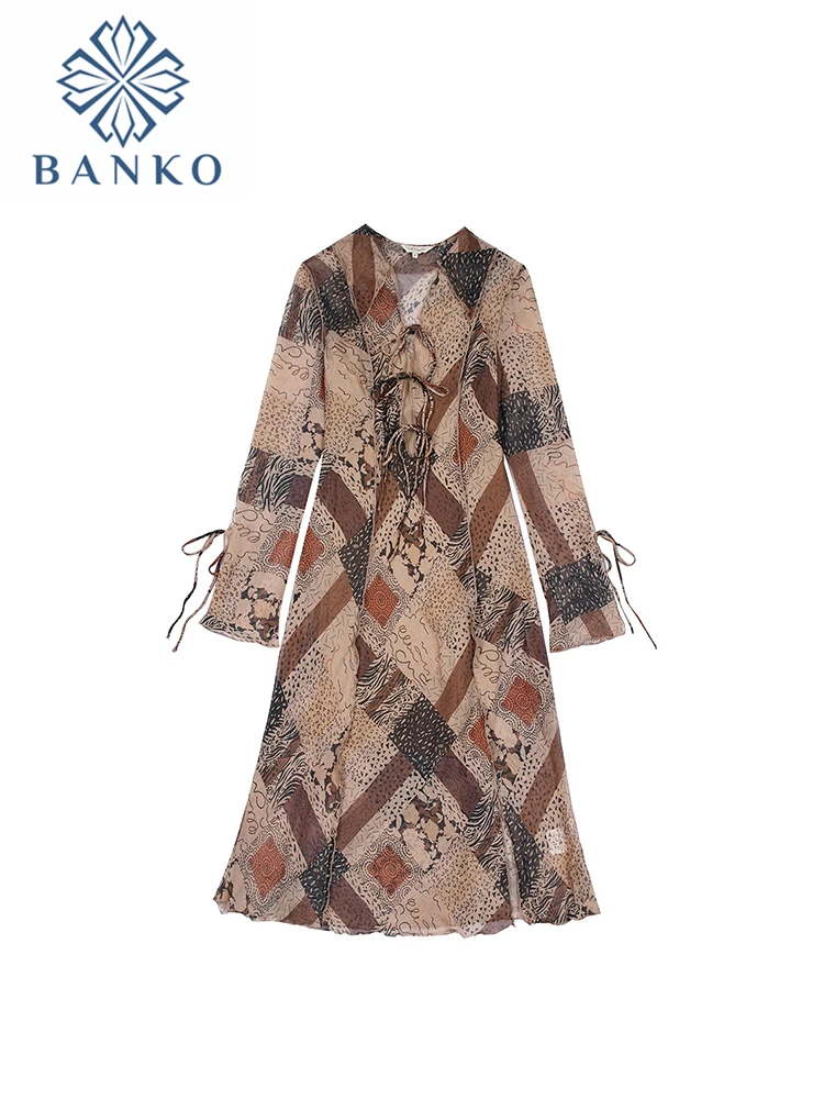 

Autumn Winter Women 2022 New Vintage Printing V-neck Split Hem Frocks Baggy Long Sleeve Bow Tie Up Design Calf Length Midi Dress