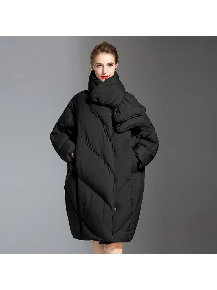 Korean Fashion 2022 Winter Long Thicked 90 White Duck Down Coats Women Loose Popular Scarf Black Warmer Cloth Jackets