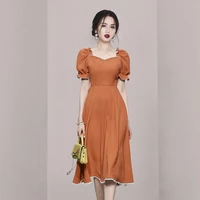 2022 womens new summer style high end temperament korean style square neck bubble sleeve fashion elegant waist wrap dress