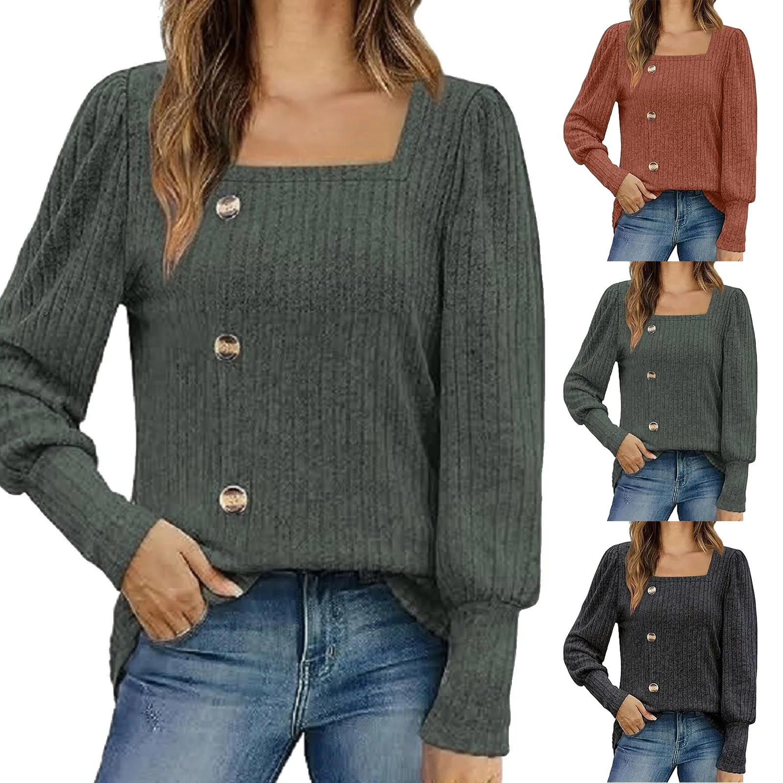 

Soft Knitted Sweaters Women Blouse Autumn Square Collar Long Sleeves Elegant Shirts Streetwear Pullover Button Top Blusa Camisas