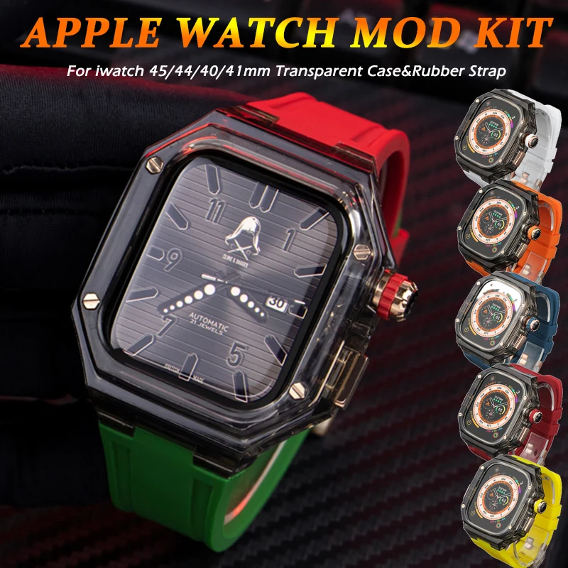 

Transparent Refit Mod Kit for Apple Watch Band 45mm 44mm 41mm 40mm Luxury Glacier Case Rubber Band for Iwatch Series 8 7 6 5 SE