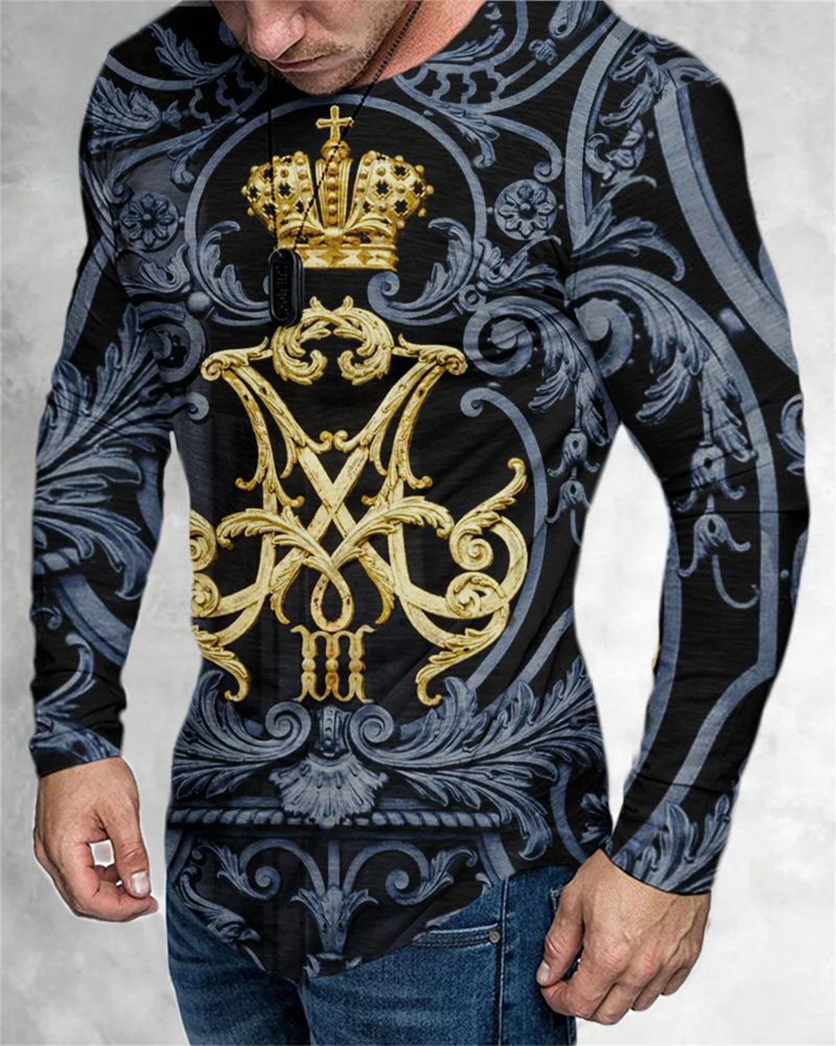 

2022 new European and American summer hip-hop men's 3d t-shirt new crown printing long-sleeved casual trend fitness sports fashi