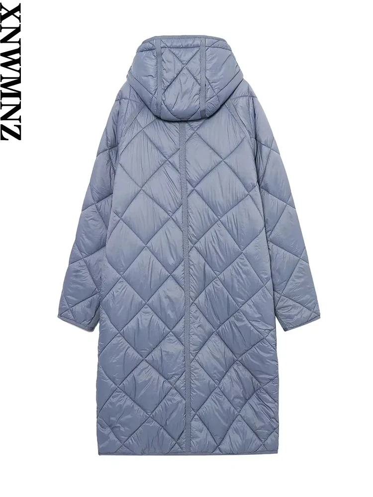 XNWMNZ Women Fashion Autumn Winter Mid-length Hooded Lingge Cotton Clothes Casual Long Sleeves Thicken Outerwear Solid Jacket