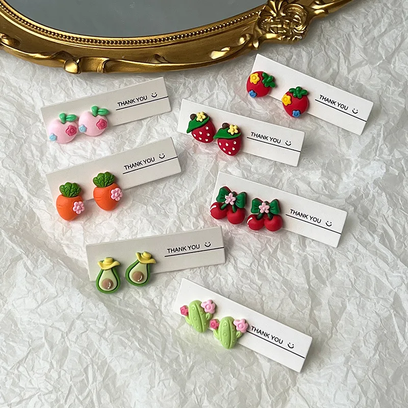 

2023 Cute Fruit Strawberry Stud Earrings Set For Women Sweet Korean Peach Pineapple Avocado Resin Ear Jewelry Party Gifts