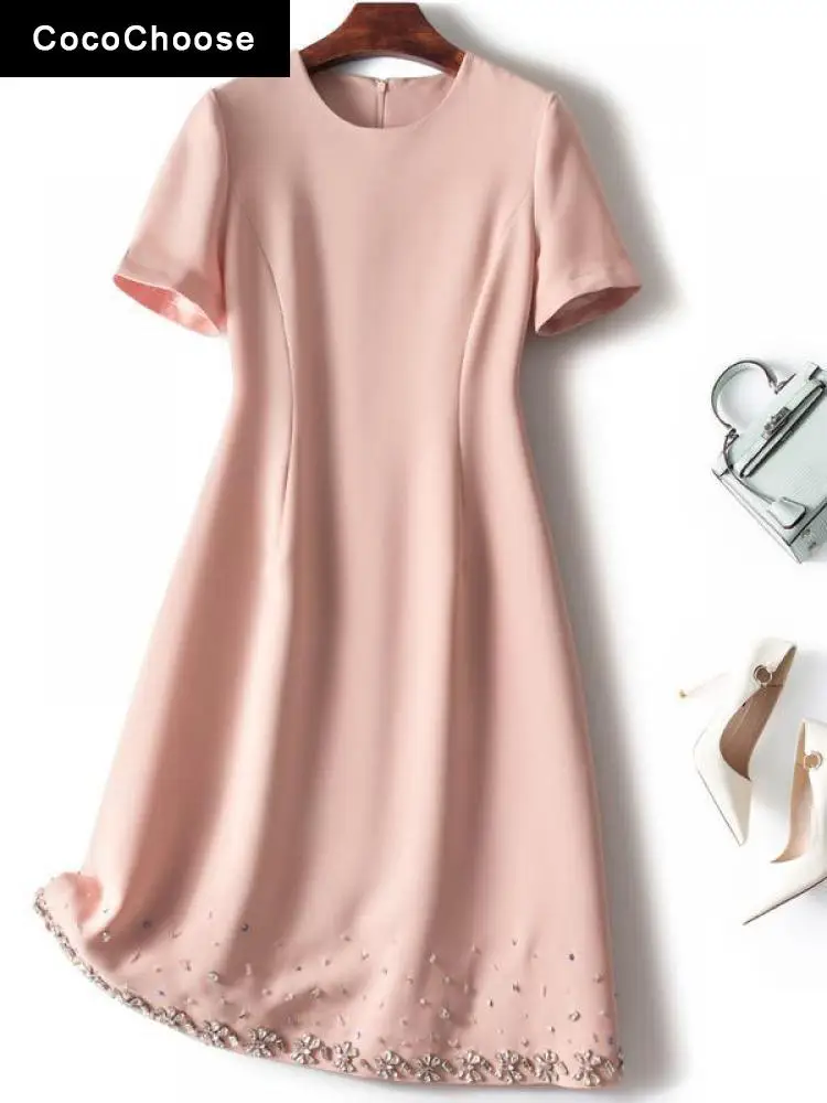 

Luxury Brand Runway Designer Dress Summer 2022 Fashion Brief Style O-neck Short Sleeve A-line Diamonds Beading Mini Dresses Pink
