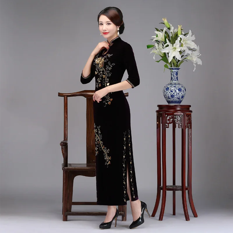 Платье-Ципао женское с воротником-стойкой пикантный китайский халат бархатными