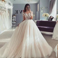 elegant wedding dress embroidered lace on net with ball gown train o neck nude full sleeve bride gowns lace up robes de mari%c3%a9e