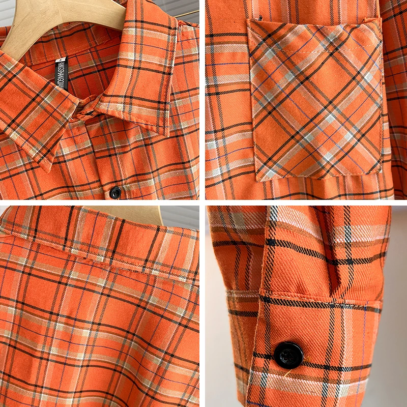 Винтажные клетчатые рубашки женские мешковатые оранжевые топы с длинными