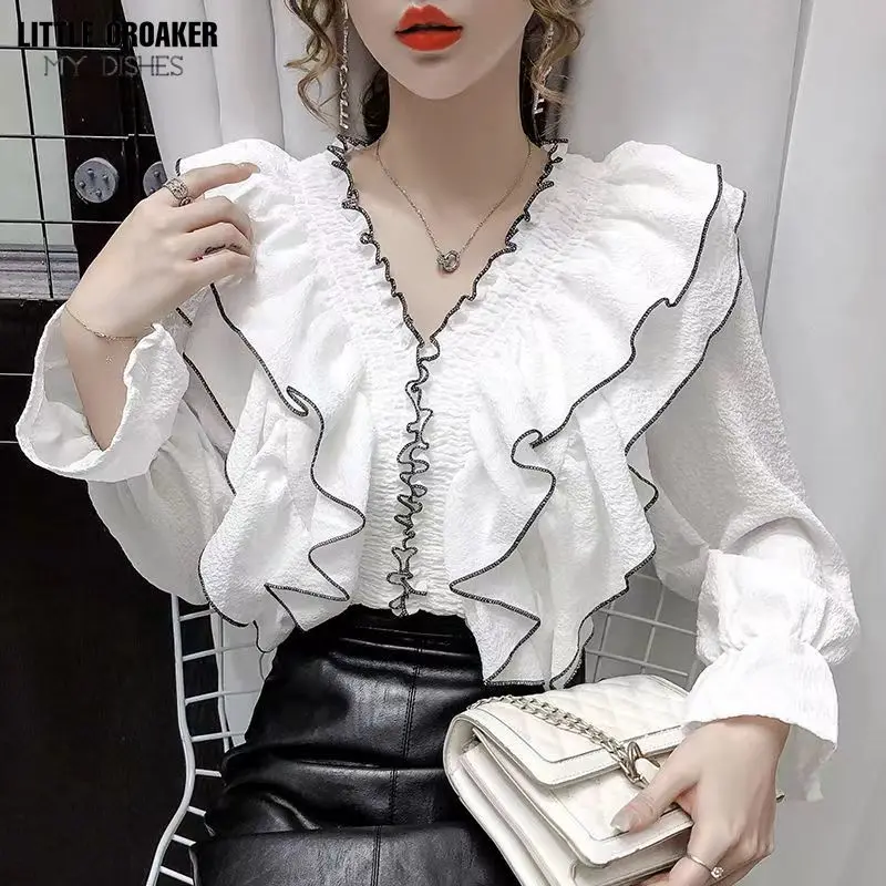 

Nomikuma 2022 Spring New Ruffle Blouse Shirt Causal V-neck Puff Long Sleeve Women Tops Korean Fashion Blusas Feminimos 6D807
