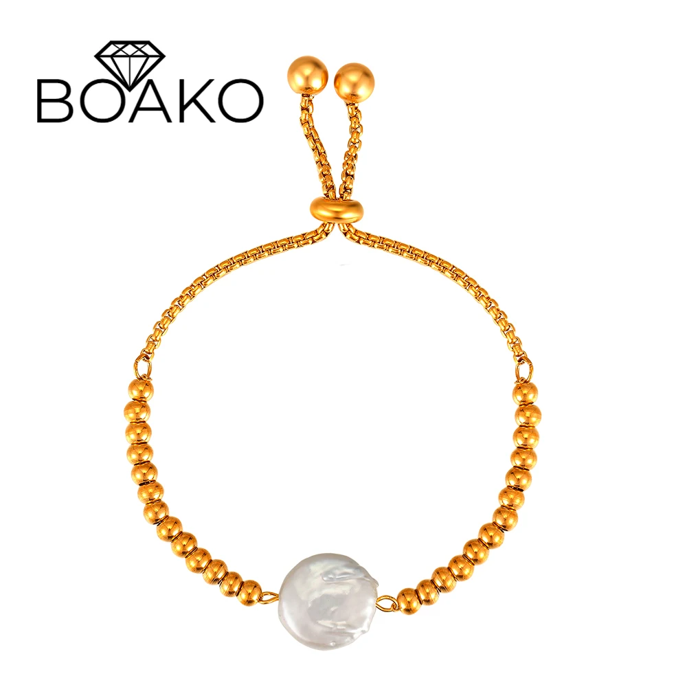 

BOAKO INS Style Round Bead Chain Bracelets For Women 316L Stainless Steel Waterproof Irregular Pearls Charms Adjustable Bracelet