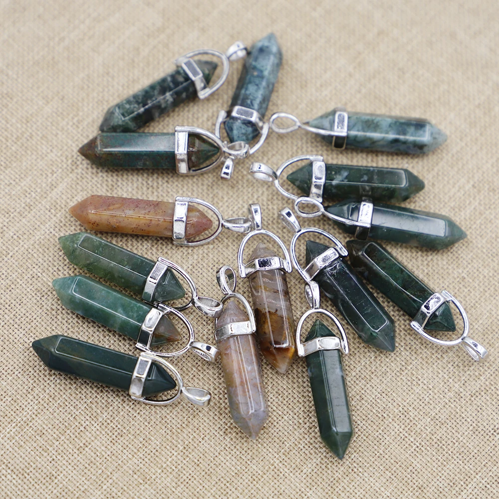 Featured Natural Gem Stone Indian Agate Pillar Point Pendants Charms Hexagonal Pendulum Reiki Charm DIY Jewelry Making Necklaces