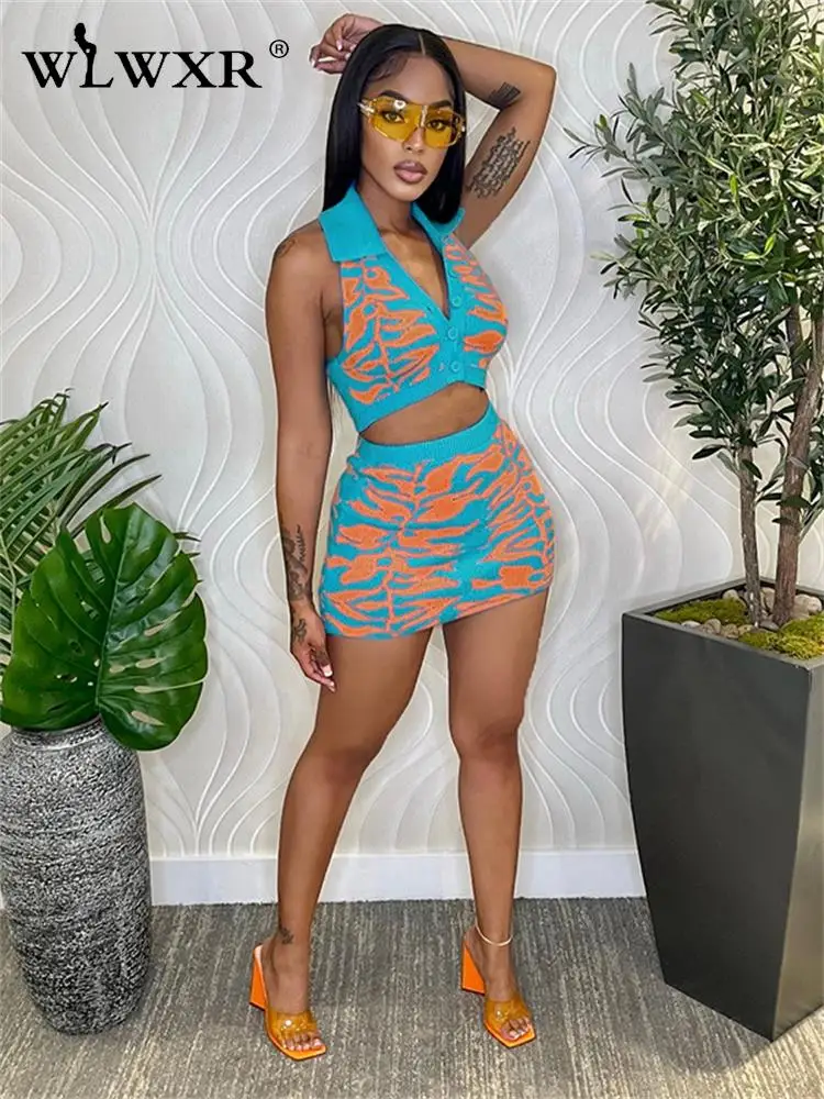 

WLWXR летний сексуальный комплект из 2 предметов Женская юбка без рукавов с открытой спиной короткий топ мини юбка с принтом подходящие платья...