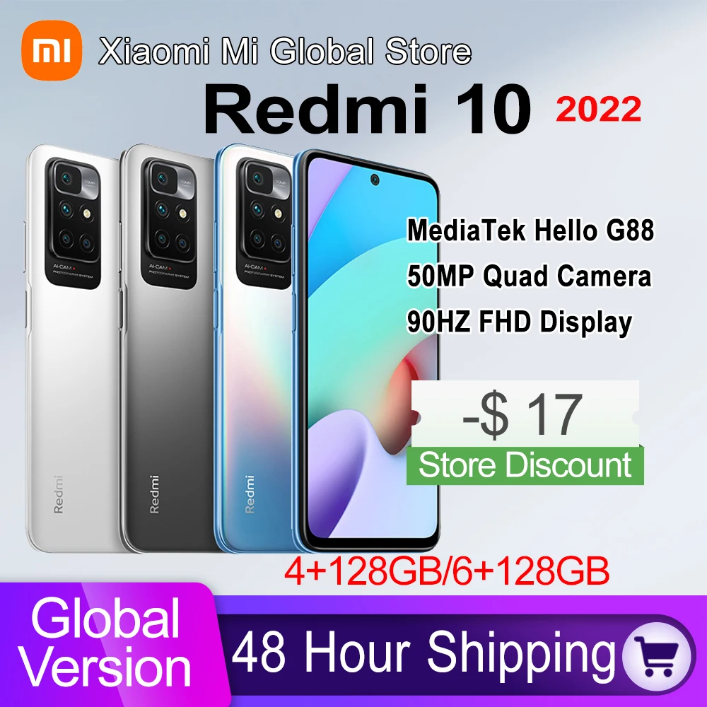 Global Version Xiaomi Redmi 10 Smartphone Helio G88 MediaTek Octa Core 50MP AI quad camera 90Hz FHD Display 5000mAh Battery