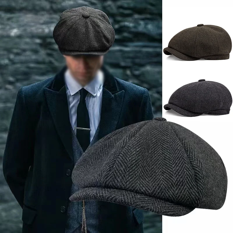 

Winter Wool Beret Caps For Men ​Herringbone Newsboy Hats Peaky Blinders Boina Fashion Vintage British Painter Octagonal Hat