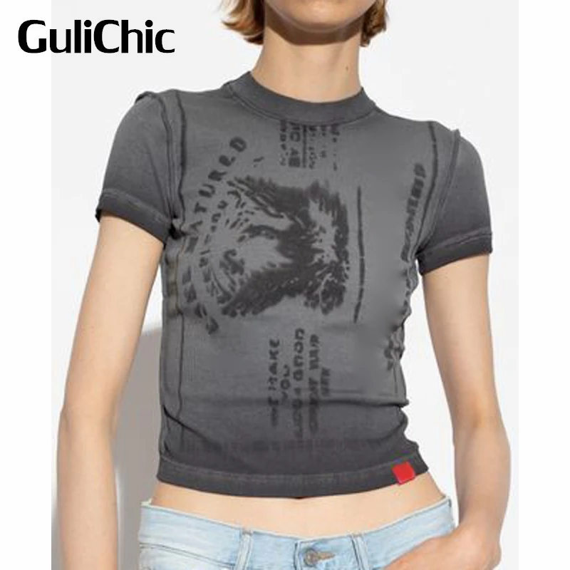 

7.11 GuliChic Women Summer Round Neck Short Sleeve Letter Print Gradient High Waist Slim T-Shirt