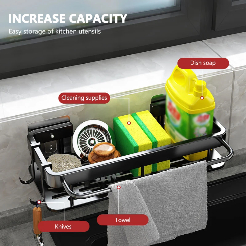 

Alumimum Kitchen Storage Rack Towel Sponge Drain Racks Wall Hanging Brush Storage Bathroom Soap Holder Sink Desktop Organizerv