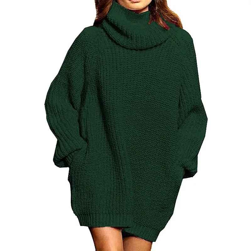 

Oversized Long Sleeve Turtleneck Knitted Sweater for Women Solid White Pullover Fashion Double Pocket Sweater Dress 2022