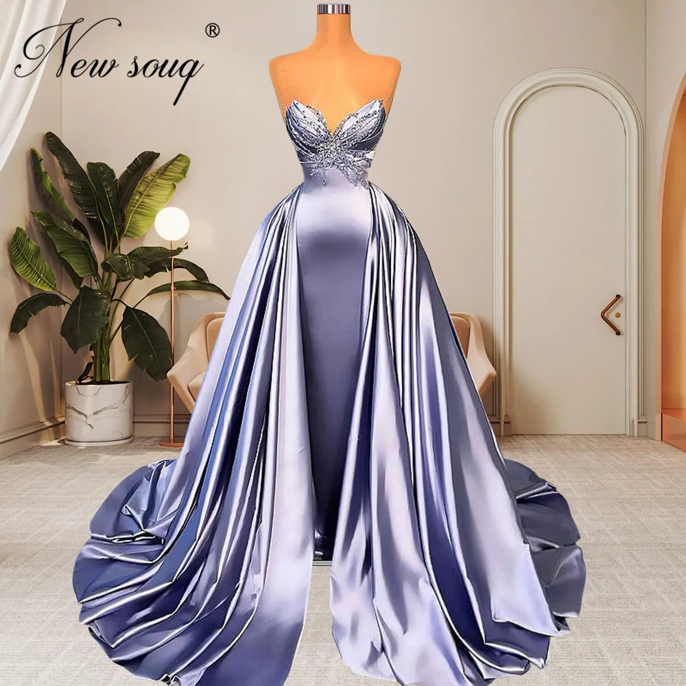 

Dubai Design Purple Satin Long Evening Dresses Elegant Strapless Long Prom Dress Arabic Photography Party Gown Vestidos De Noche