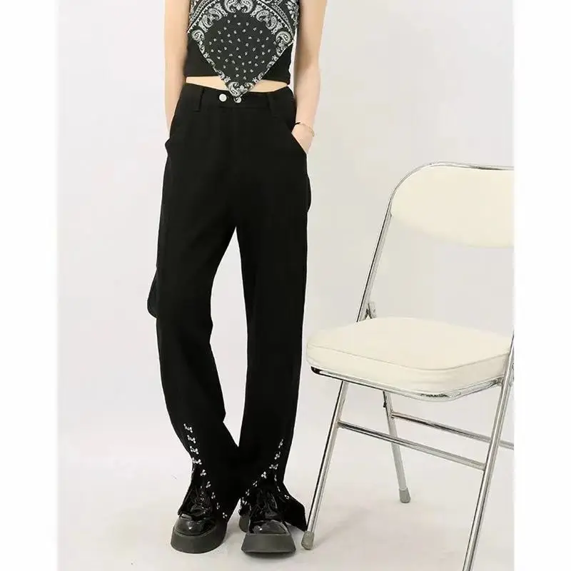 Женские джинсы с разрезом черные повседневные брюки большого размера высокой