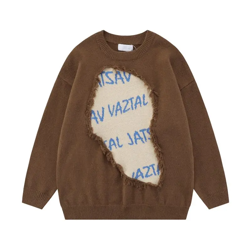 

Autumn Winter Hip Hop Vintage Irregular Frayed Embroidery Casual Sweaters Men Women High Street Retro Pullover Knitted Clothes