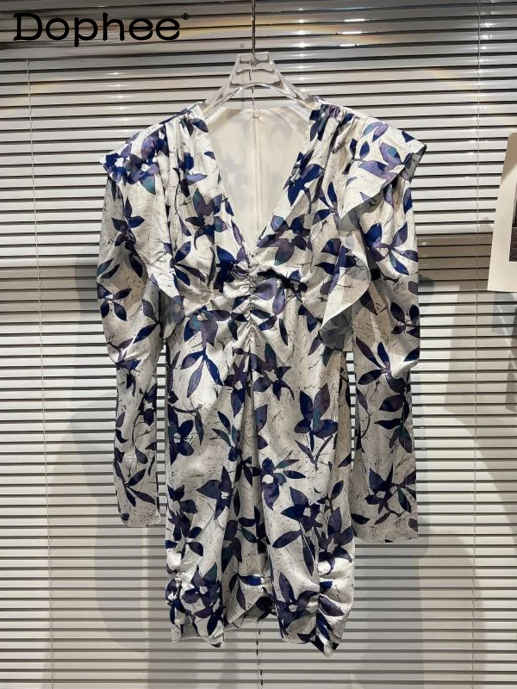 

2022 new autumn fashion women clothes V-neck lantern full sleeves printed pullover dress female vestido