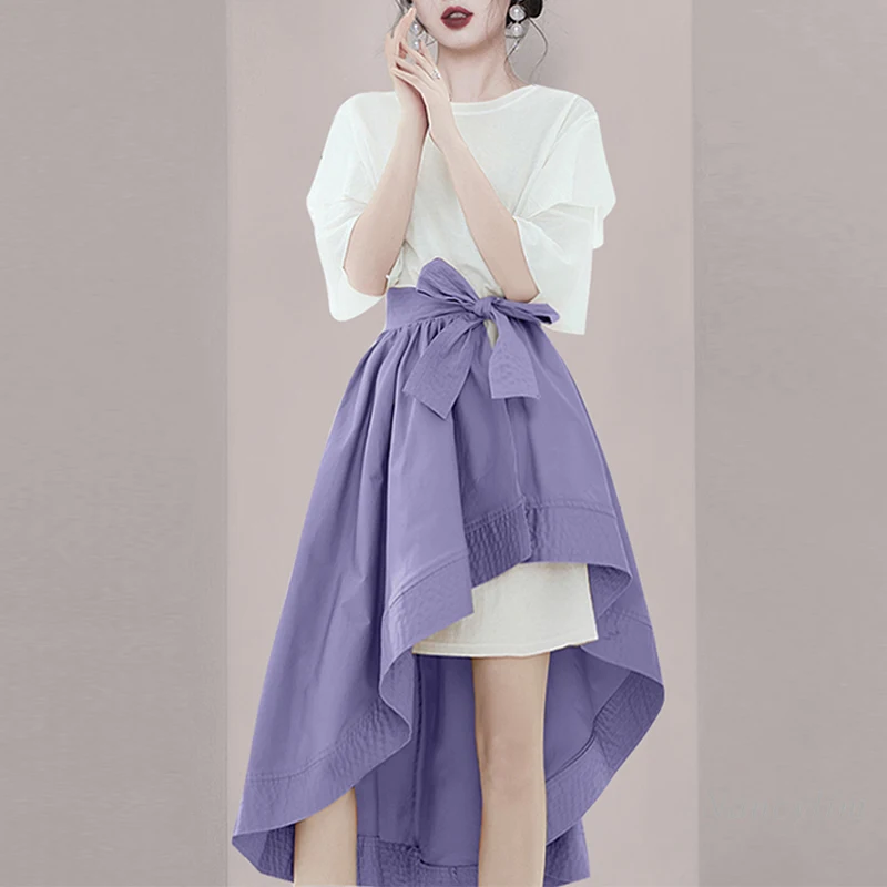 

Light Luxury Irregular Purple Skirts Sets 2022 Summer New Design Long White T-Shirt + Skirts Women's Clothing Two-Piece Uits