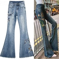 high waist exquisite embroidery jeans woman skinny flare pants denim ladies casual jeans