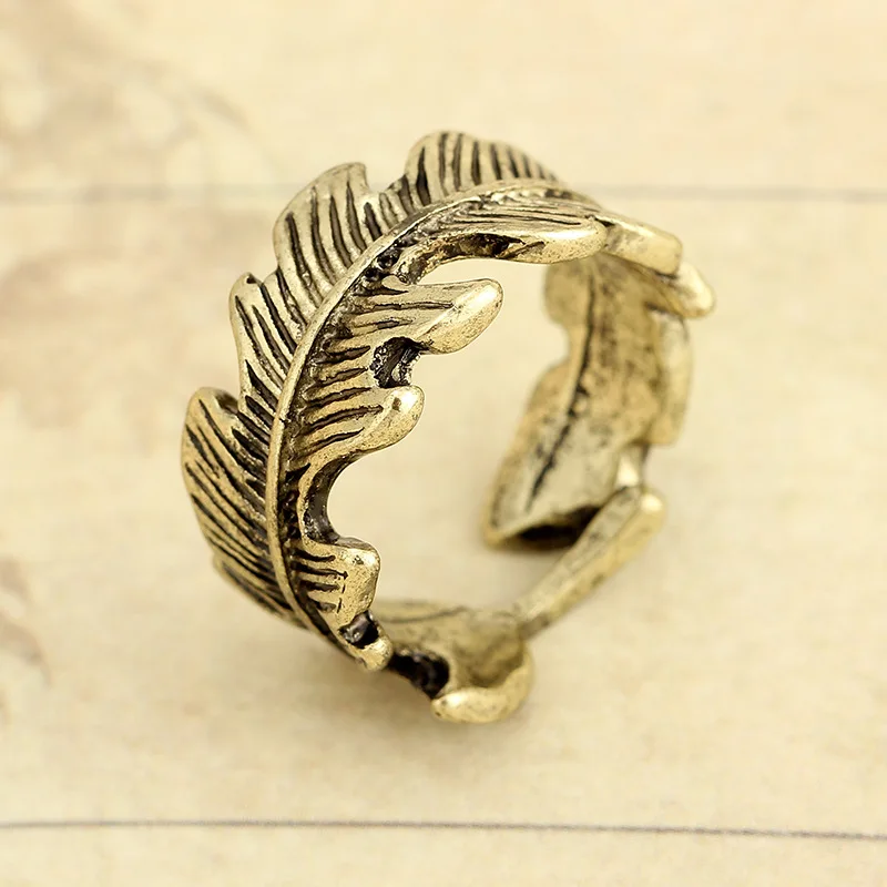 

New Fashion Retro Pure Feather Ring Simple Personality Leaf Ring Adjustable Feather Ring Ladies Men's Punk Jewelry Gift