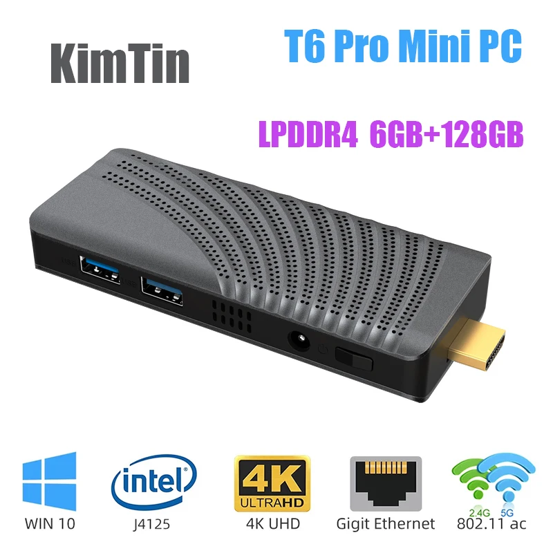 KimTin Celeron J4125 Quad Core CPU 6GB 128GB 4K Fanless Mini PC Windows 10 Pro Stick Mini Computer HDMI 2.4G 5G WiFi 1000 LAN