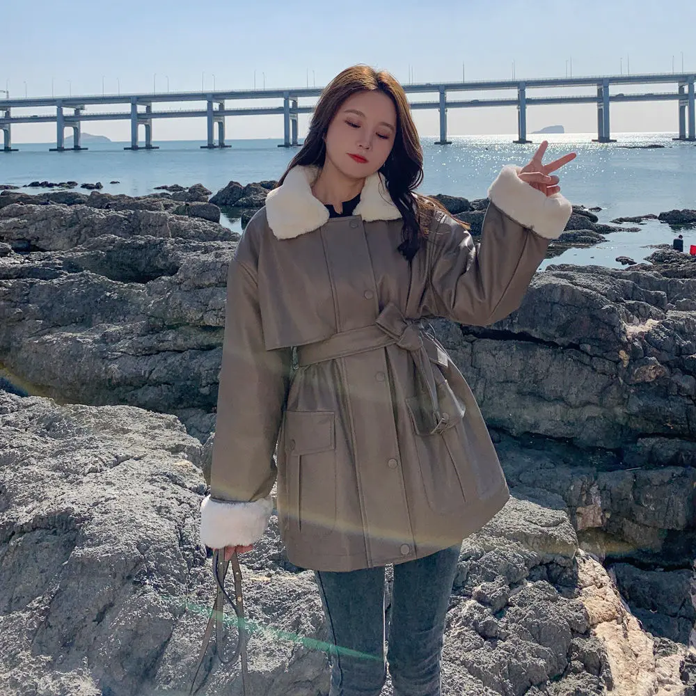 black gothic belt Thick Winter Warm Faux Leather Jacket Long Fur Collar Patchwork Coat Sashes  Waist Women Pu Leather Jackets