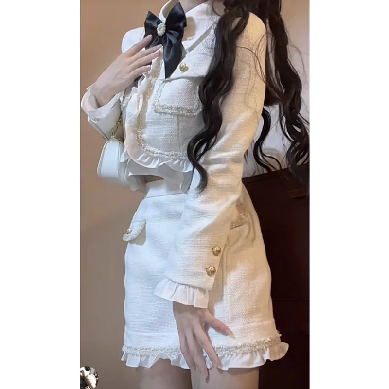 

Hikigawa 2023 Chic Fashion Sweet Ruffled Patchwork Women Coats + High Waist Slim All Match Skirts Spring 2 Set Ropa Mujer