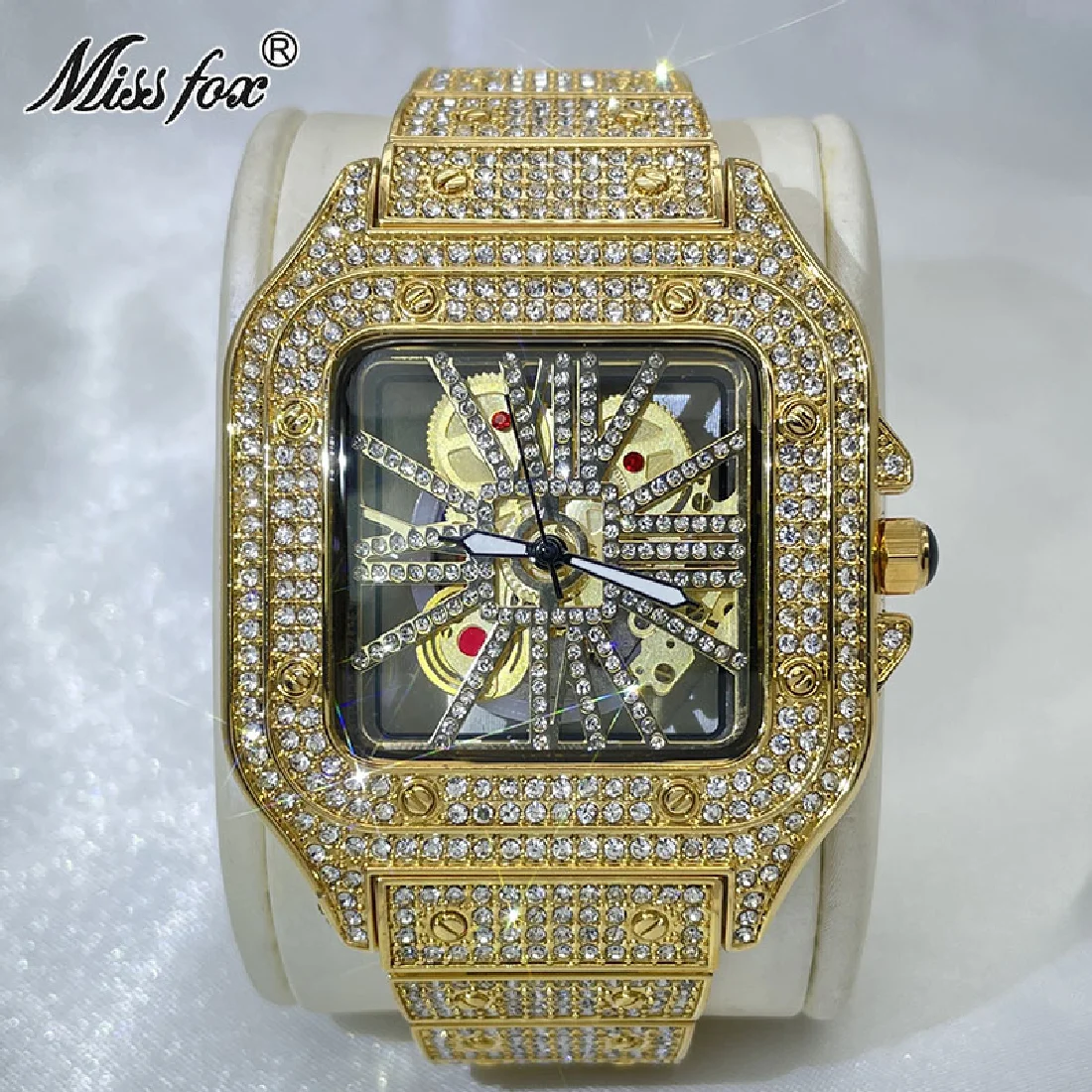 

MISSFOX Fashion Mens Watch Stainless Steel Quartz Wrist Watches Man free shipping Gold Hip Hop Hollow Out Clocks Diamond Bling